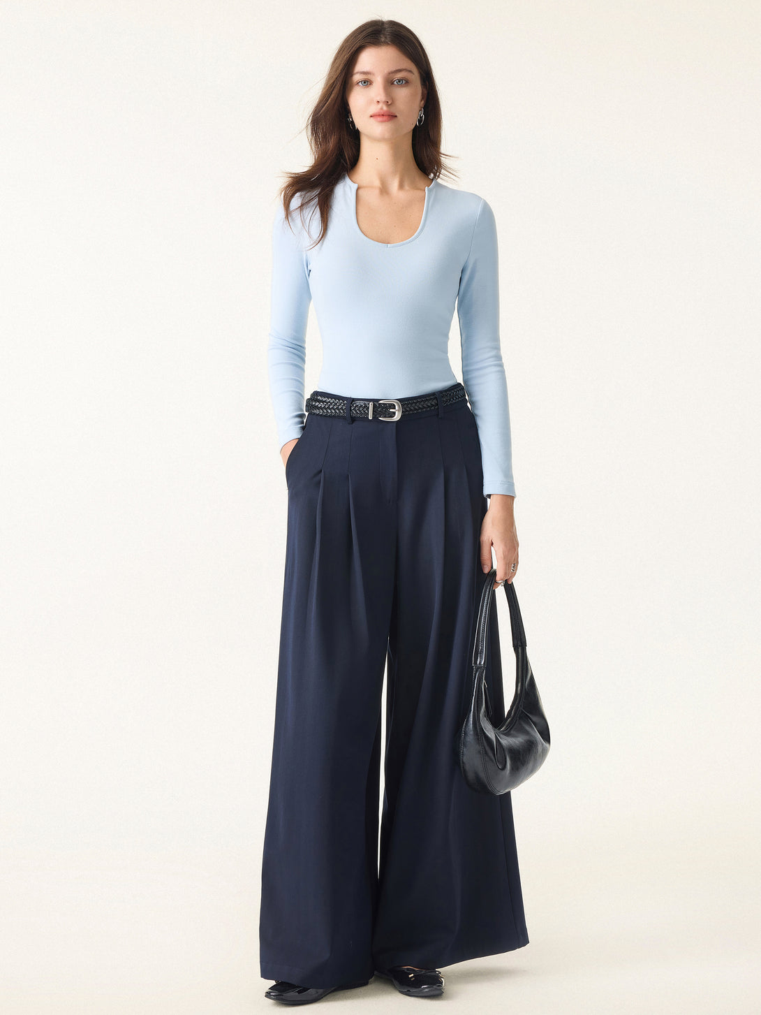 Mid Rise Wide Leg Trousers with Pockets Regular Smoky Navy