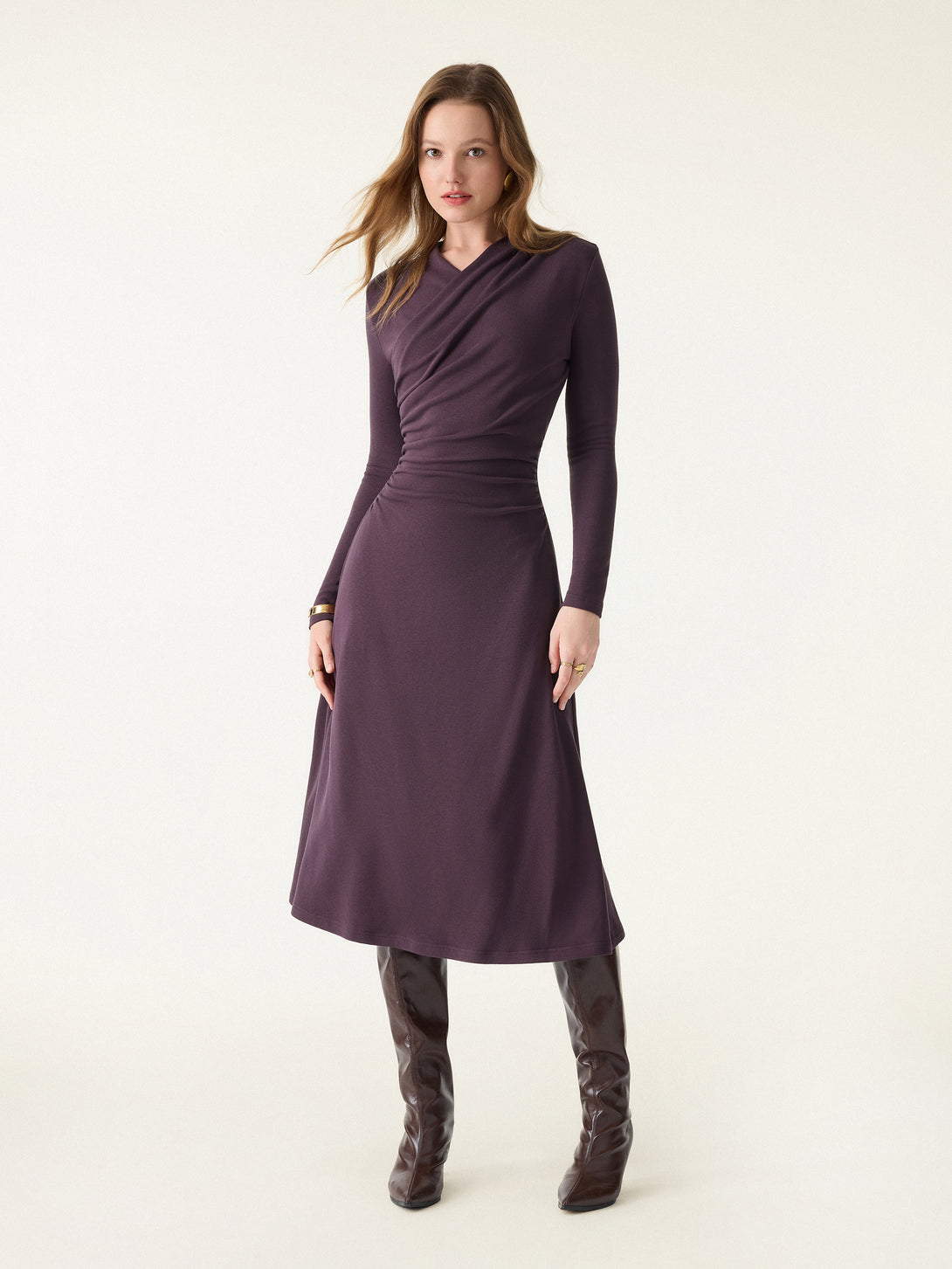 ProWarm Surplice V-neck Ruched Midi Dress Raisin Purple XS