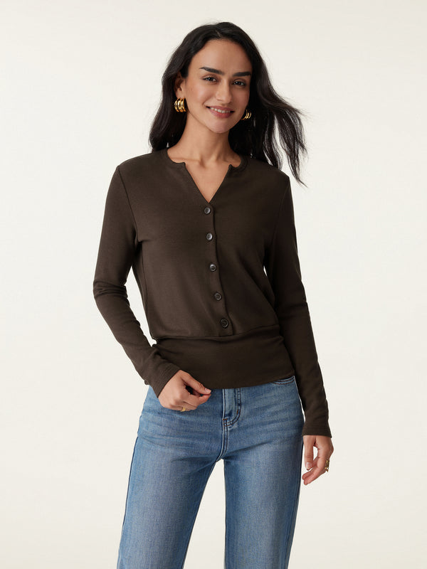 V-Neck Long Sleeve Half-Placket Top