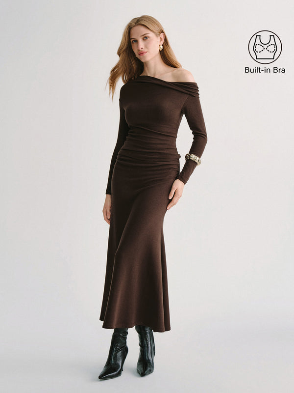 OGLmove 2Pcs Set Prowarm Neck Built-In Bra Top 3.0 & Mid-Rise Ruched Flared Midi Skirt