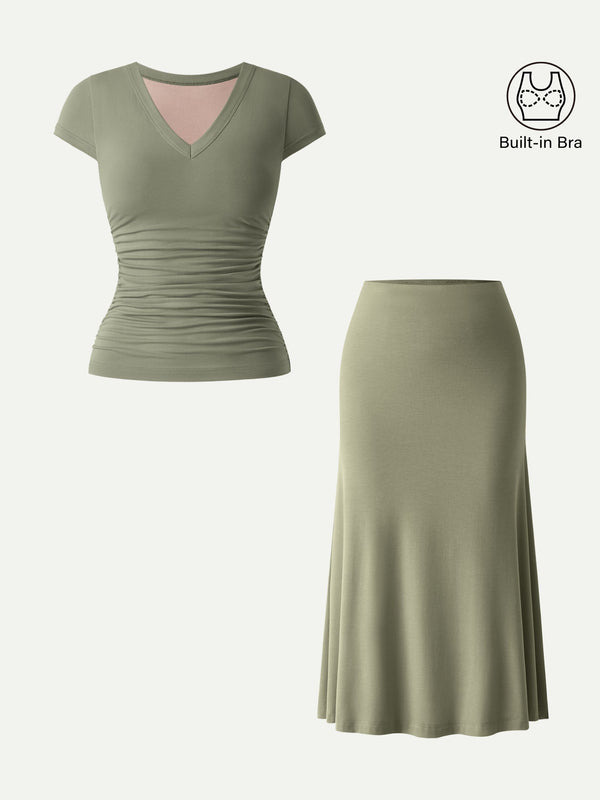 2Pcs Set V-neck Cap Sleeve Brami Tee & Pull-on Mermaid Midi Skirt Tate Olive XS