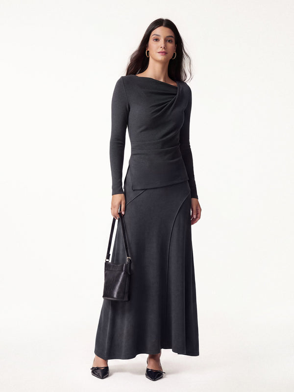 OGLmove 2Pcs Set Asymmetrical Neck Long Sleeve Top & Drapey A-Line Midi Skirt Heather Night Charcoal XXS