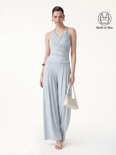 OGLmove 2Pcs Set Halter Neck Surplice Bra Top & Tucked Palazzo Pant with Pockets Smoke Blue XS