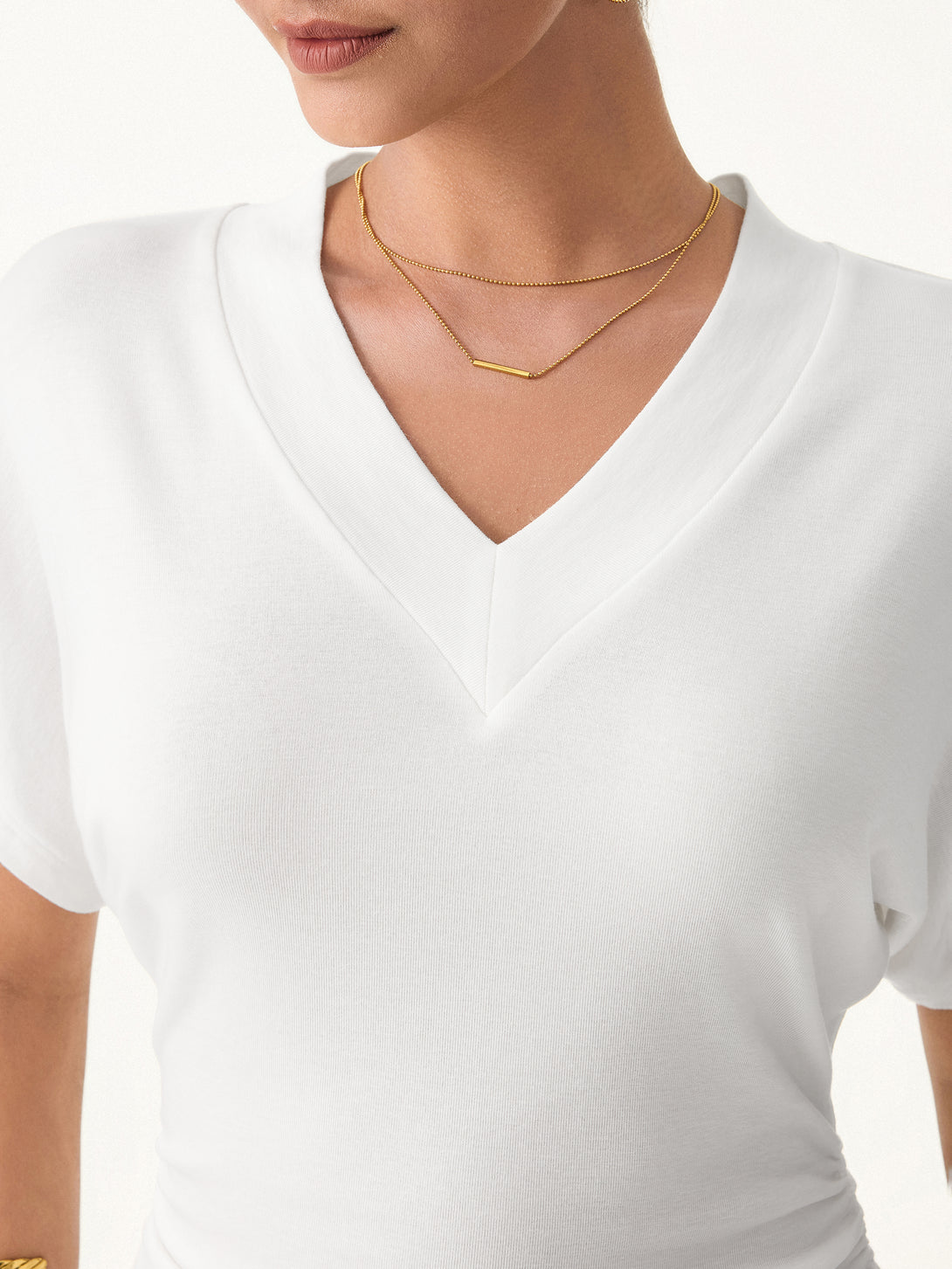 Semi-sheer Lyocell Cashmere Blend V-neck Short Sleeve Side Ruched Tee