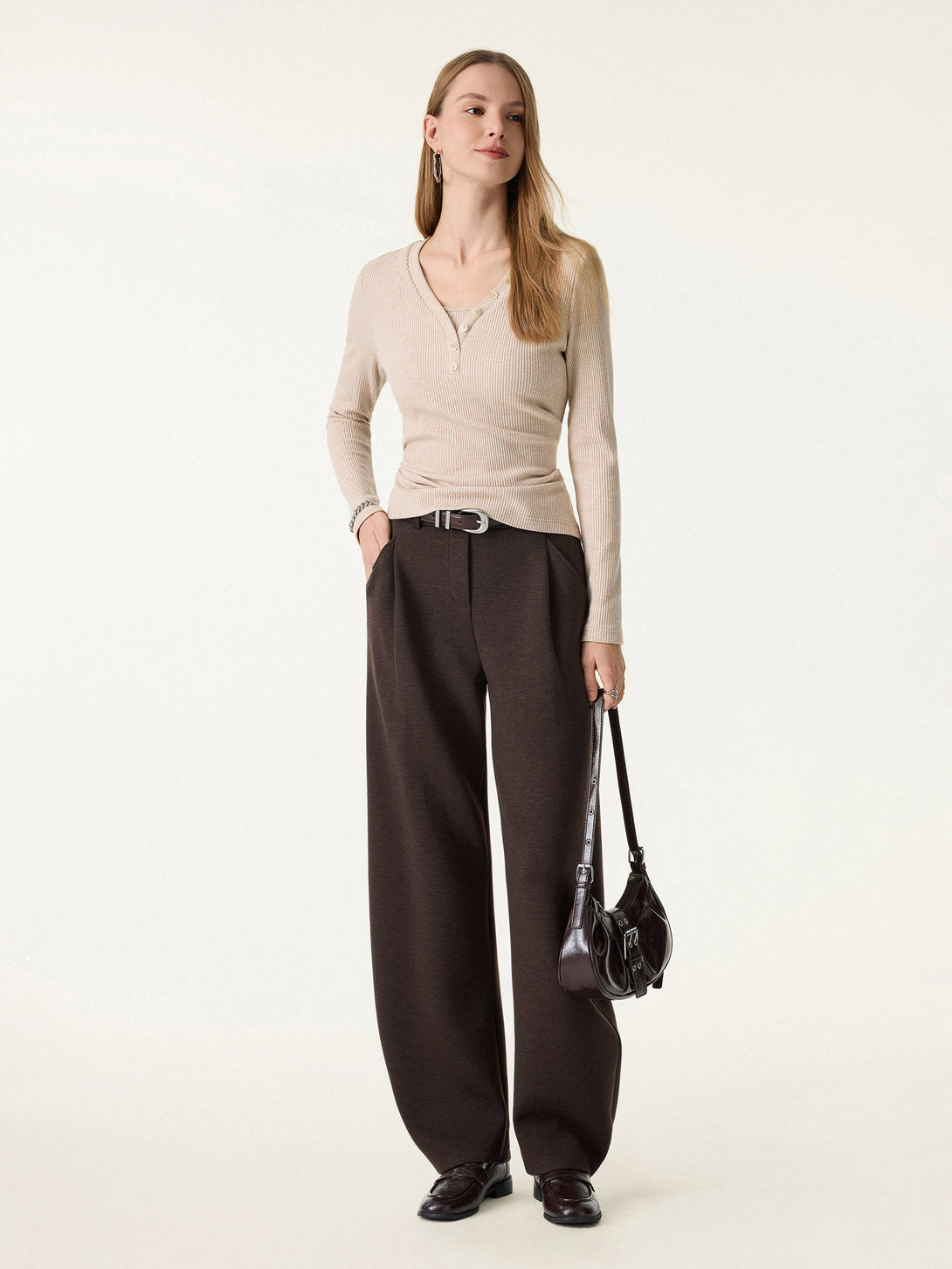 Cozy Knit Mid Rise Barrel Leg Pull-on Pants