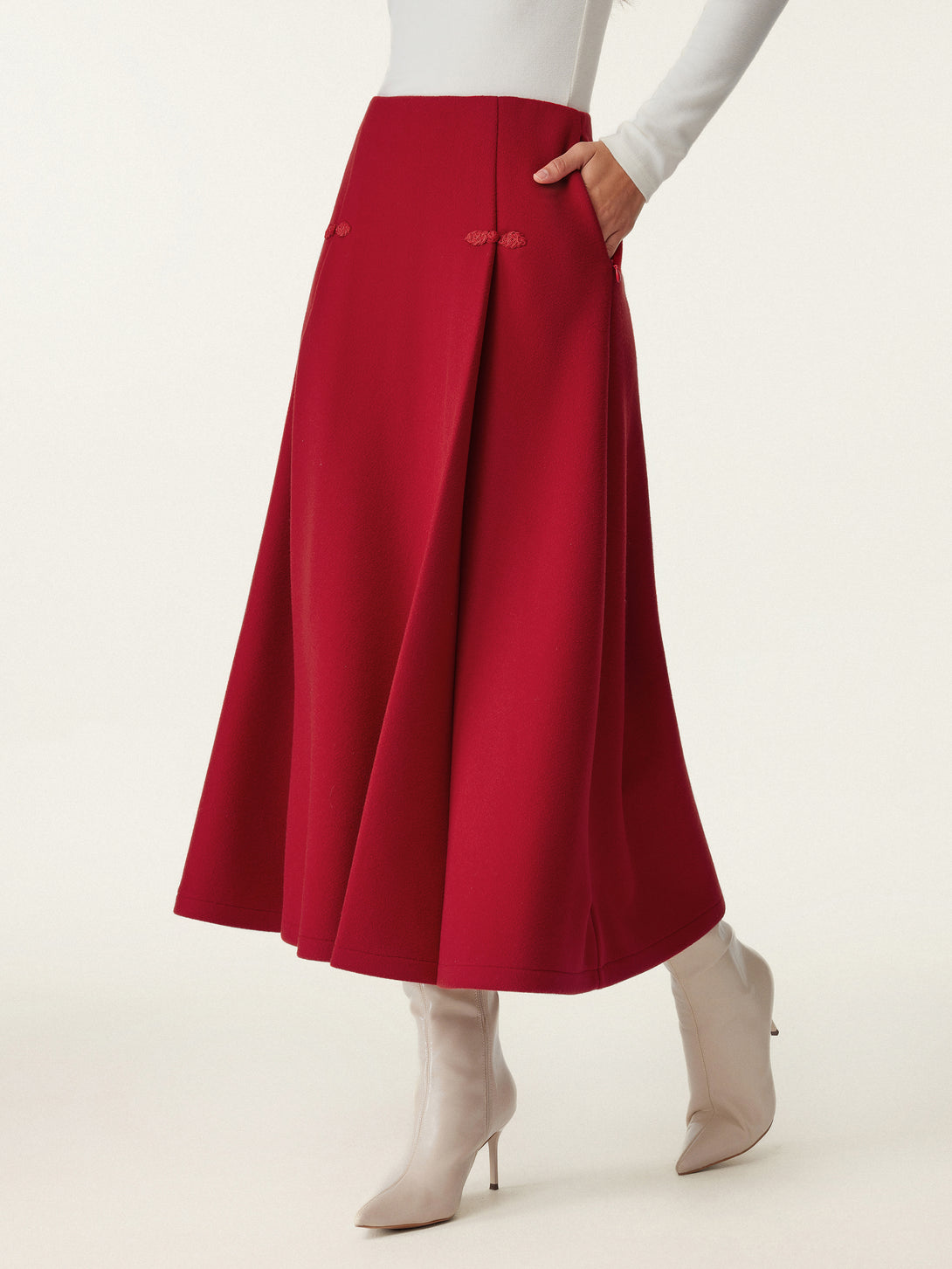 Wool-like Frog Button A-Line Midi Skirt