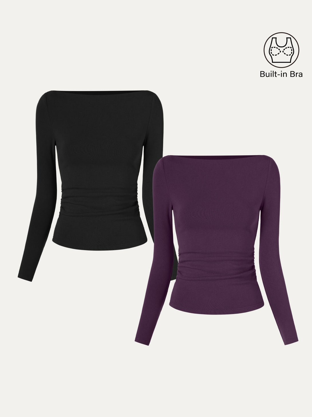 2Pcs Set Modern Side Ruched Boatneck Brami Top Black/Deep Fig XS