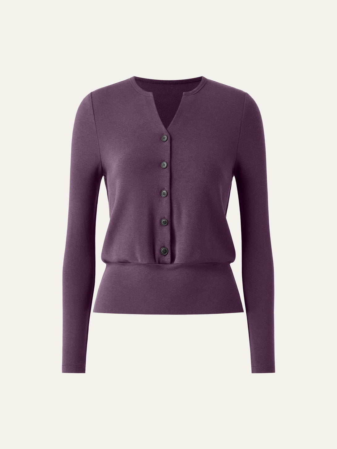 V-Neck Long Sleeve Half-Placket Top Deep Fig XS