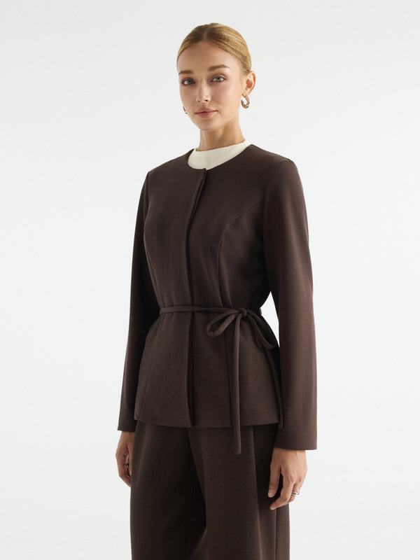 OGLmove Bamboo Piqué Round Neck Long Sleeve Belted Jacket with Pockets Black Chocolate Brown XXS