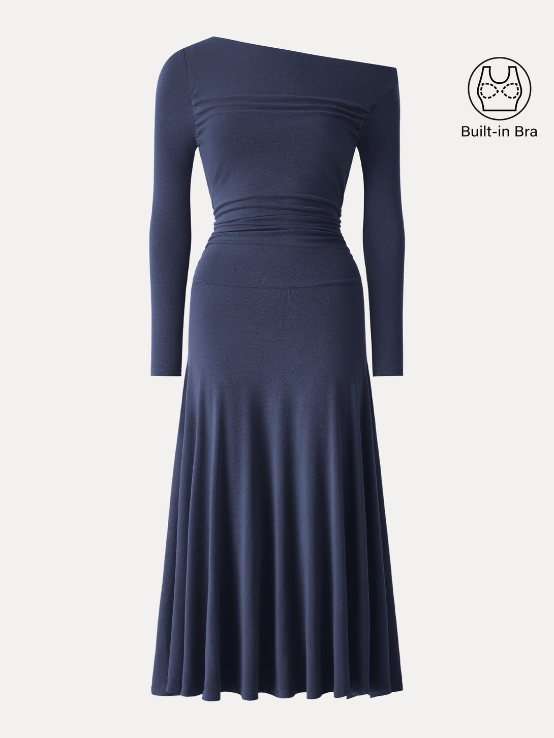 Asymmetrical Shoulder Side Ruched Ankled Maxi Dress Indigo XS