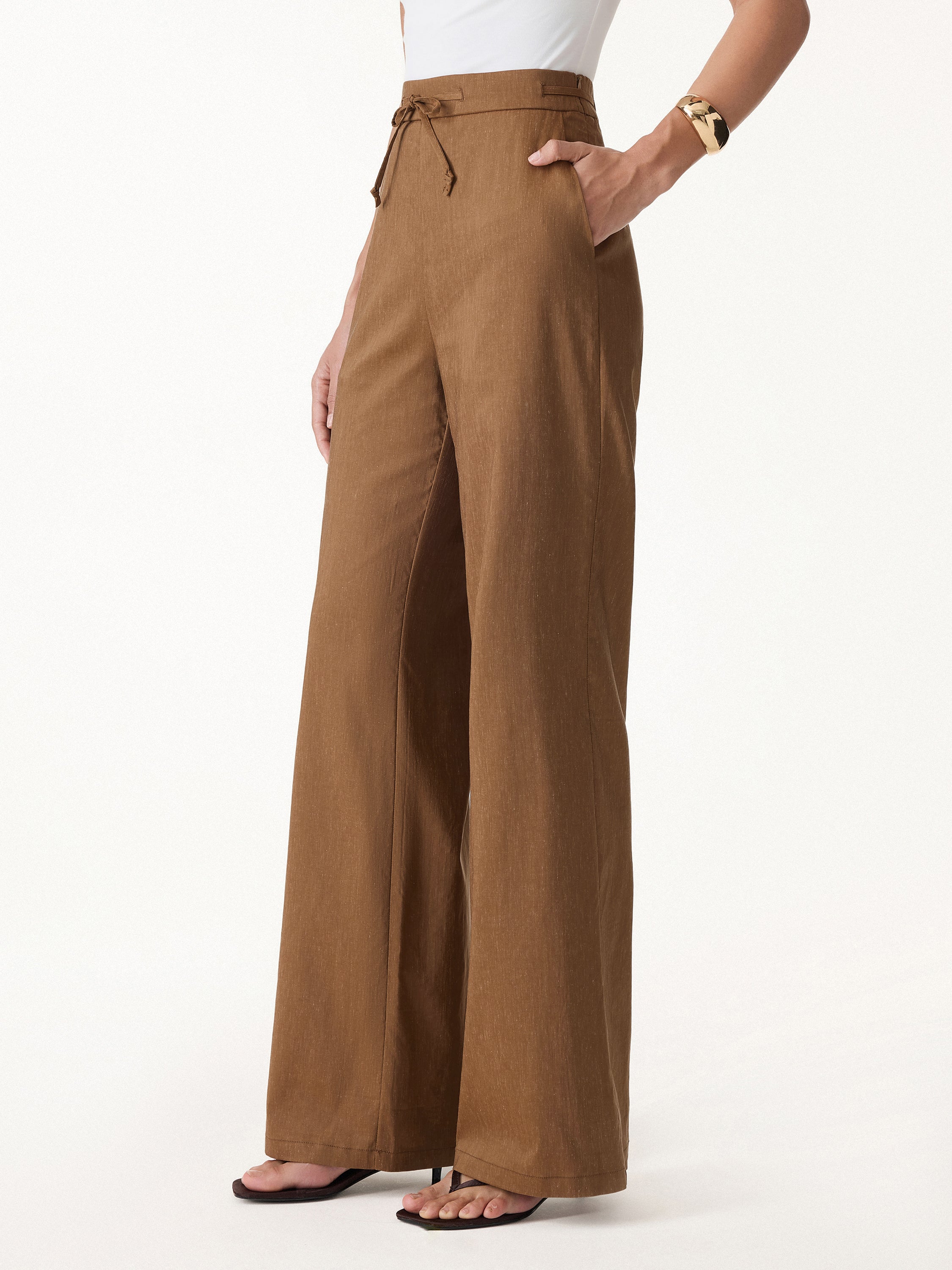 Linen Drawstring Wide Leg Pant Pockets