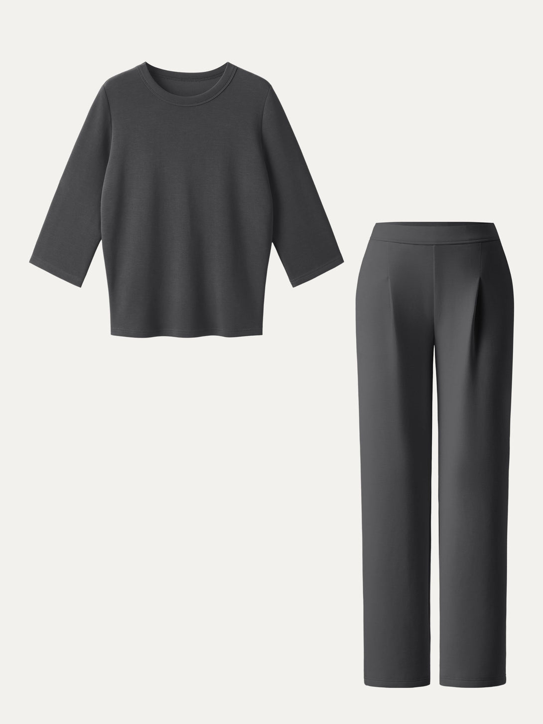 2Pcs Set Crewneck 3/4 Sleeve Top & Mid Rise Straight Leg Pull-on Trousers with Pockets Blue Charcoal XS
