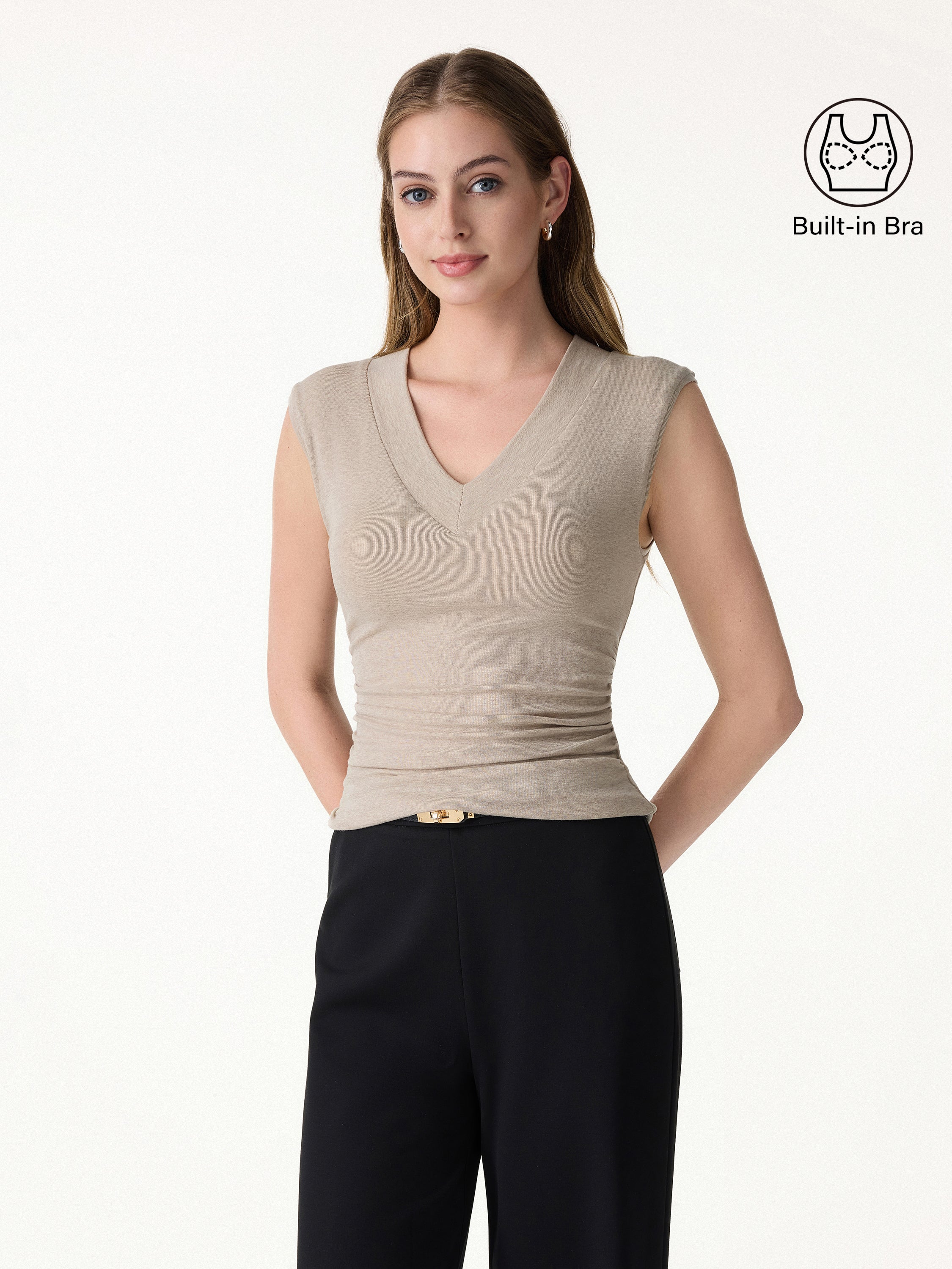 Sweat Wicking V Neck Wide Shoulder Ruched Bra Top