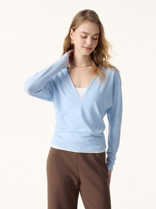 Non-Itch Lyocell Wool Relaxed V-Neck Batwing Sleeve Top Heather Baby Blue XS