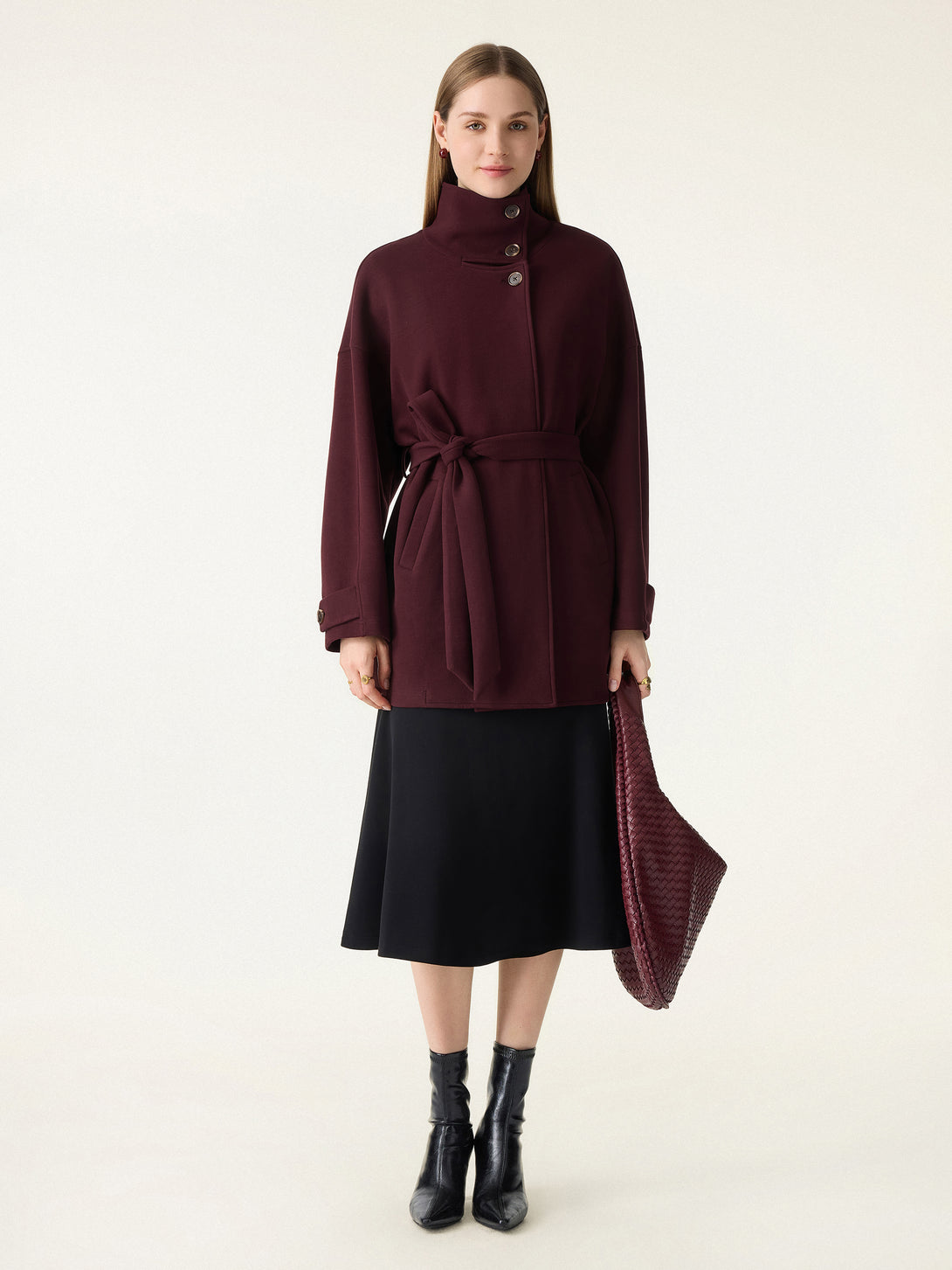 FuzzLuxe Classy Stand Collar Belted Coat