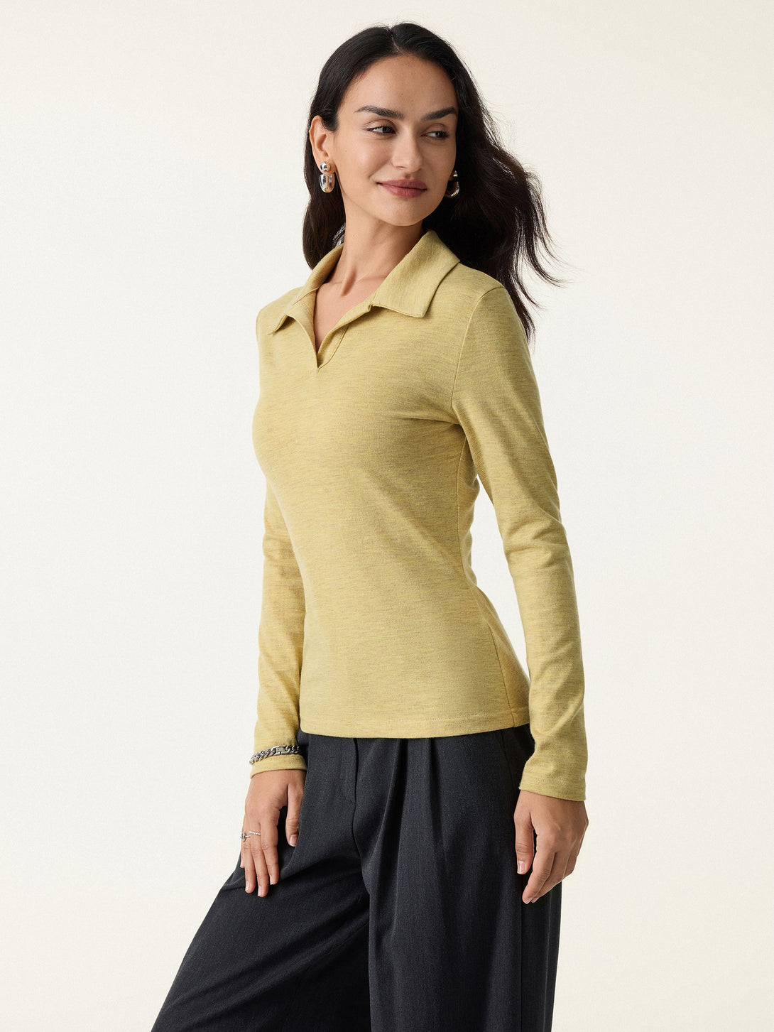 Heathered Wool Blend Polo Neck Long Sleeve Top