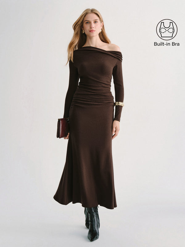 OGLmove 2Pcs Set Prowarm Neck Long Sleeve Built-In Bra Top & Mid-Rise Ruched Flared Midi Skirt Espresso XXS