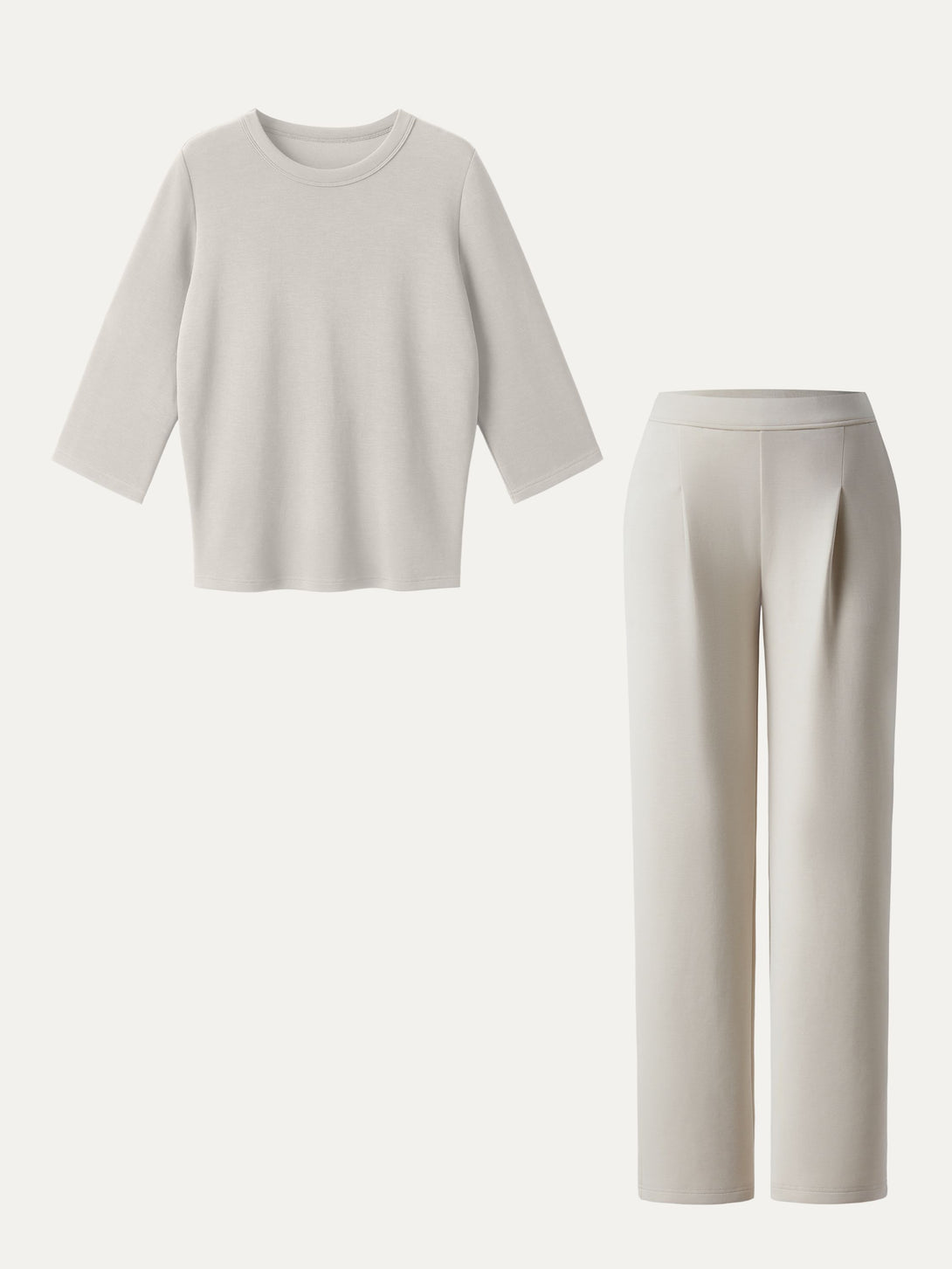 2Pcs Set Crewneck 3/4 Sleeve Top & Mid Rise Straight Leg Pull-on Trousers with Pockets Ash Ivory XS