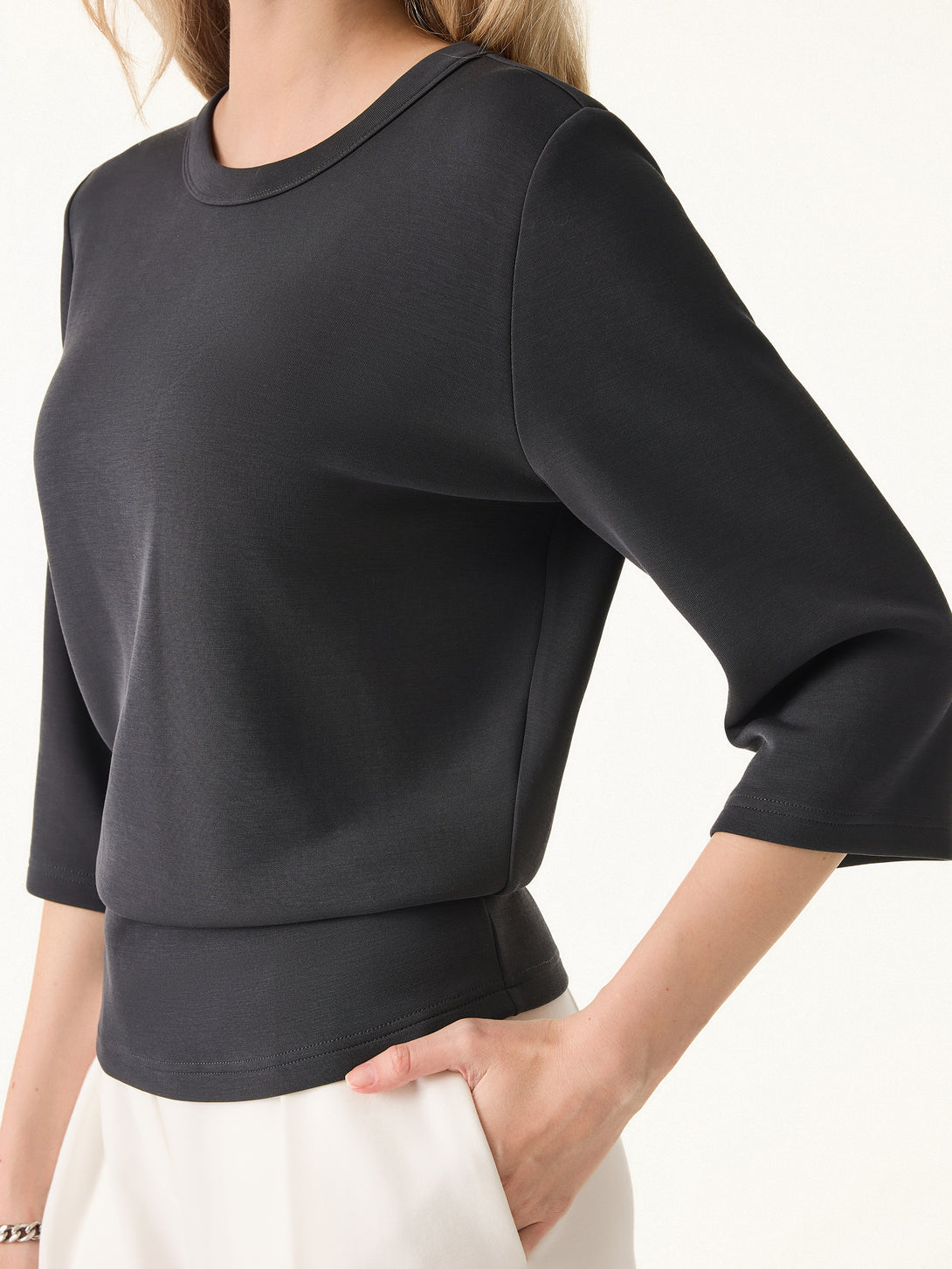 Sandwashed Spacer Crewneck 3/4 Sleeve Top