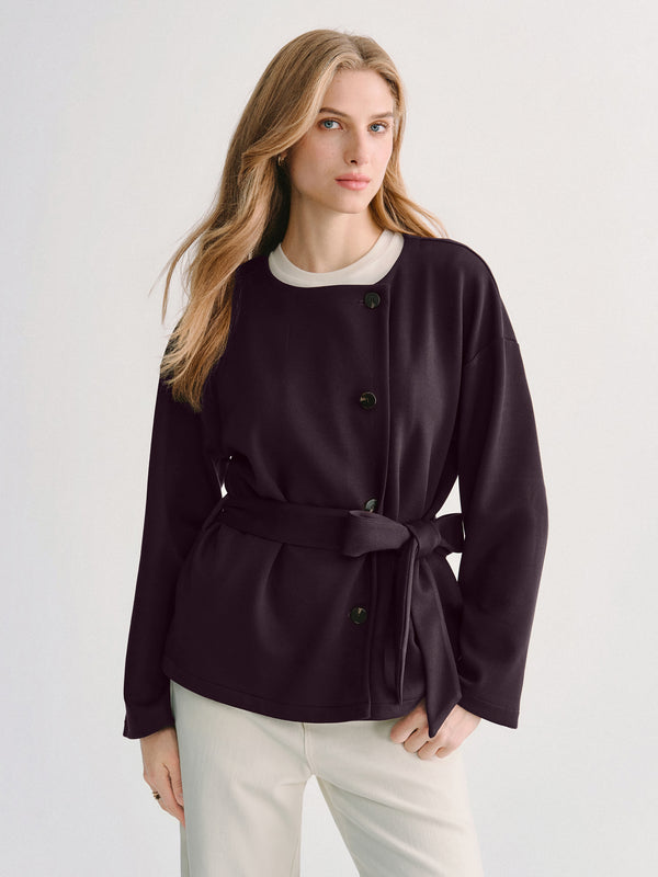OGLmove Bamboo-Blend Round Neck Long Sleeve Belted Jacket with Pockets Purple Gloam XXS