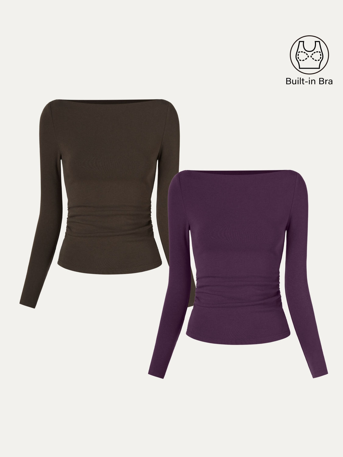 2Pcs Set Modern Side Ruched Boatneck Brami Top Espresso/Deep Fig XS