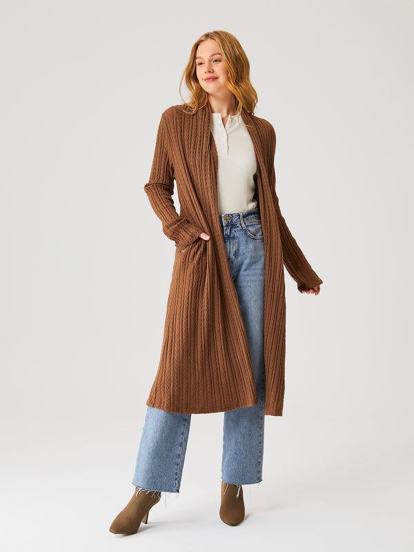 Open Front Cable-Knit Long Cardigan