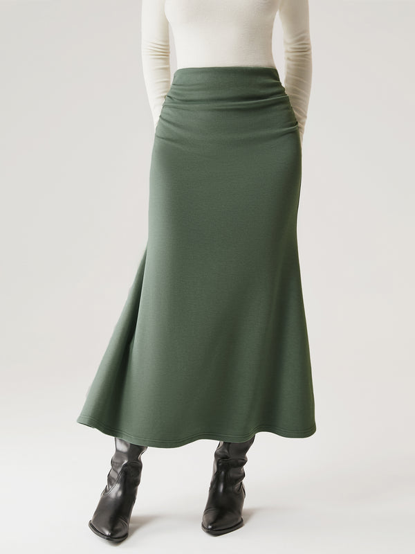 Ruched Side Mermaid Maxi Skirt-Brushed Inside