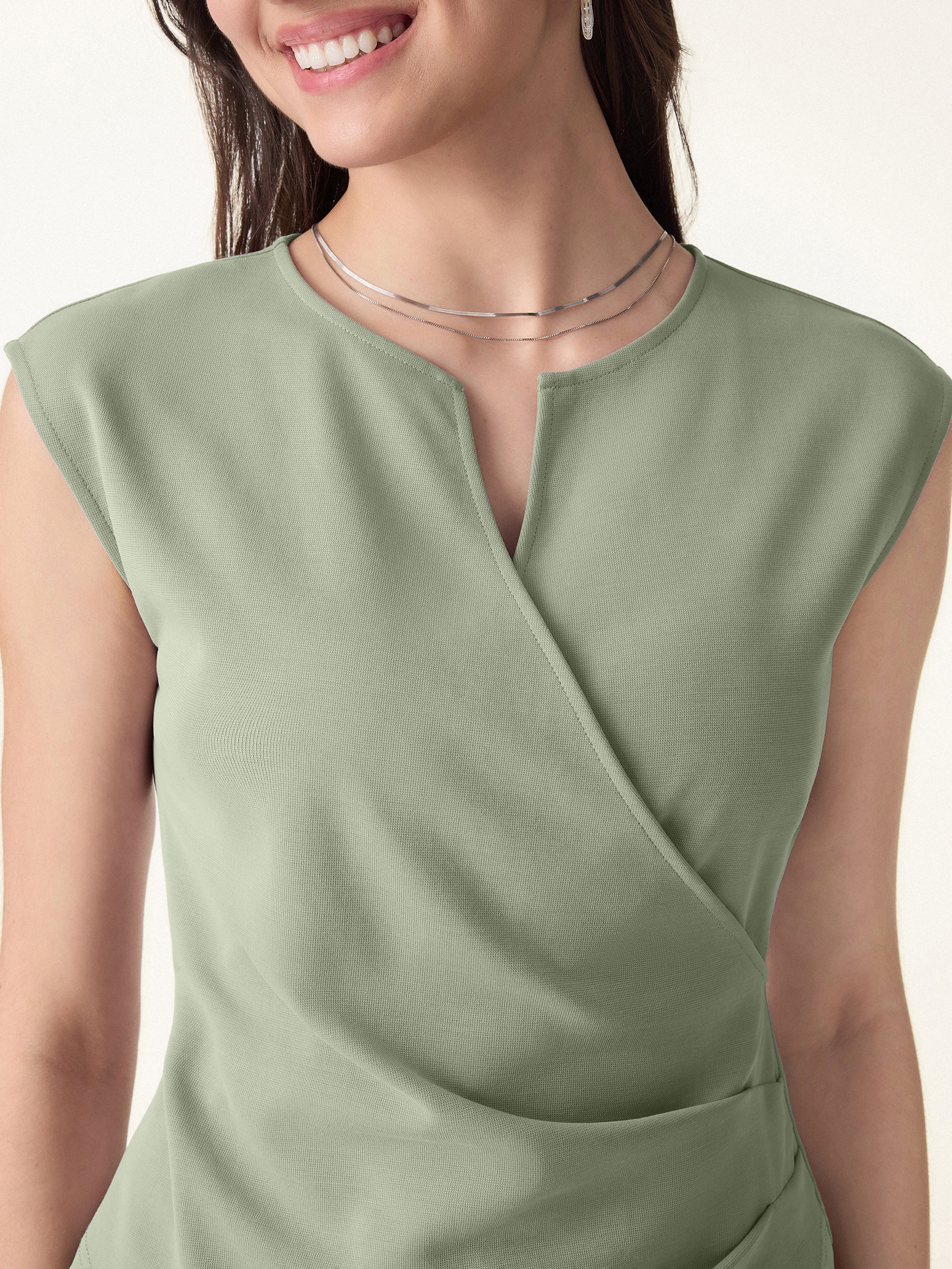 Surplice Wide Shoulder Tucked Angled Tank Top