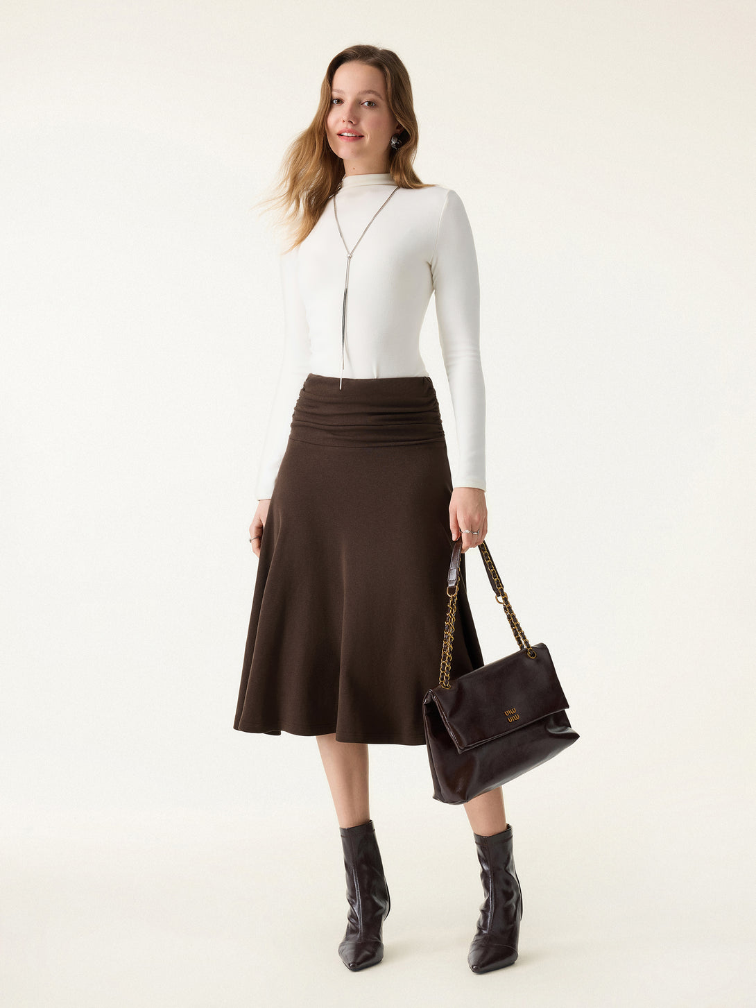 ProWarm Ruched Waist Circle Flared Midi Skirt