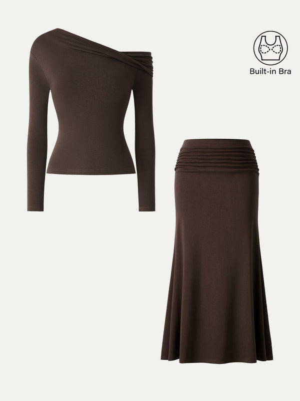 OGLmove 2Pcs Set Prowarm Neck Long Sleeve Built-In Bra Top & Mid-Rise Ruched Flared Midi Skirt