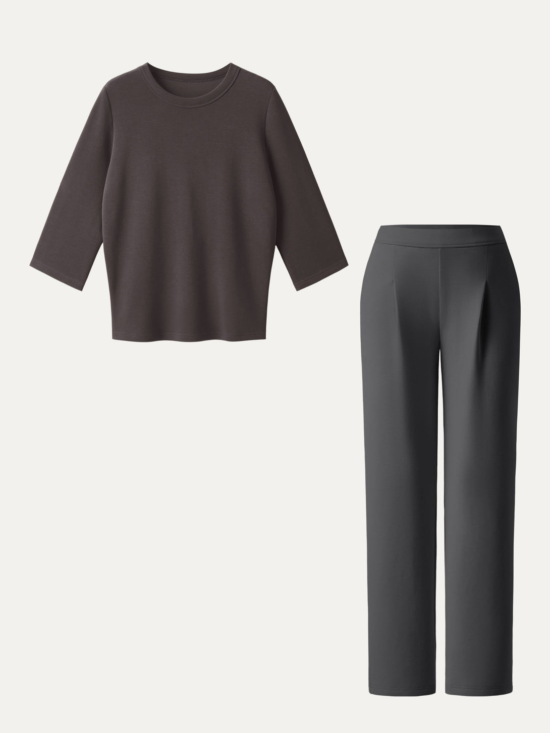 2Pcs Set Crewneck 3/4 Sleeve Top & Mid Rise Straight Leg Pull-on Trousers with Pockets Black Chocolate/Blue Charcoal XS