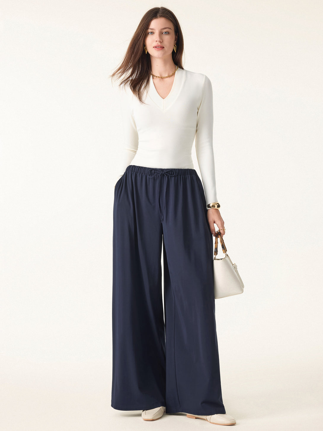Stretch Ponte Mid Rise Palazzo Pants with Pockets