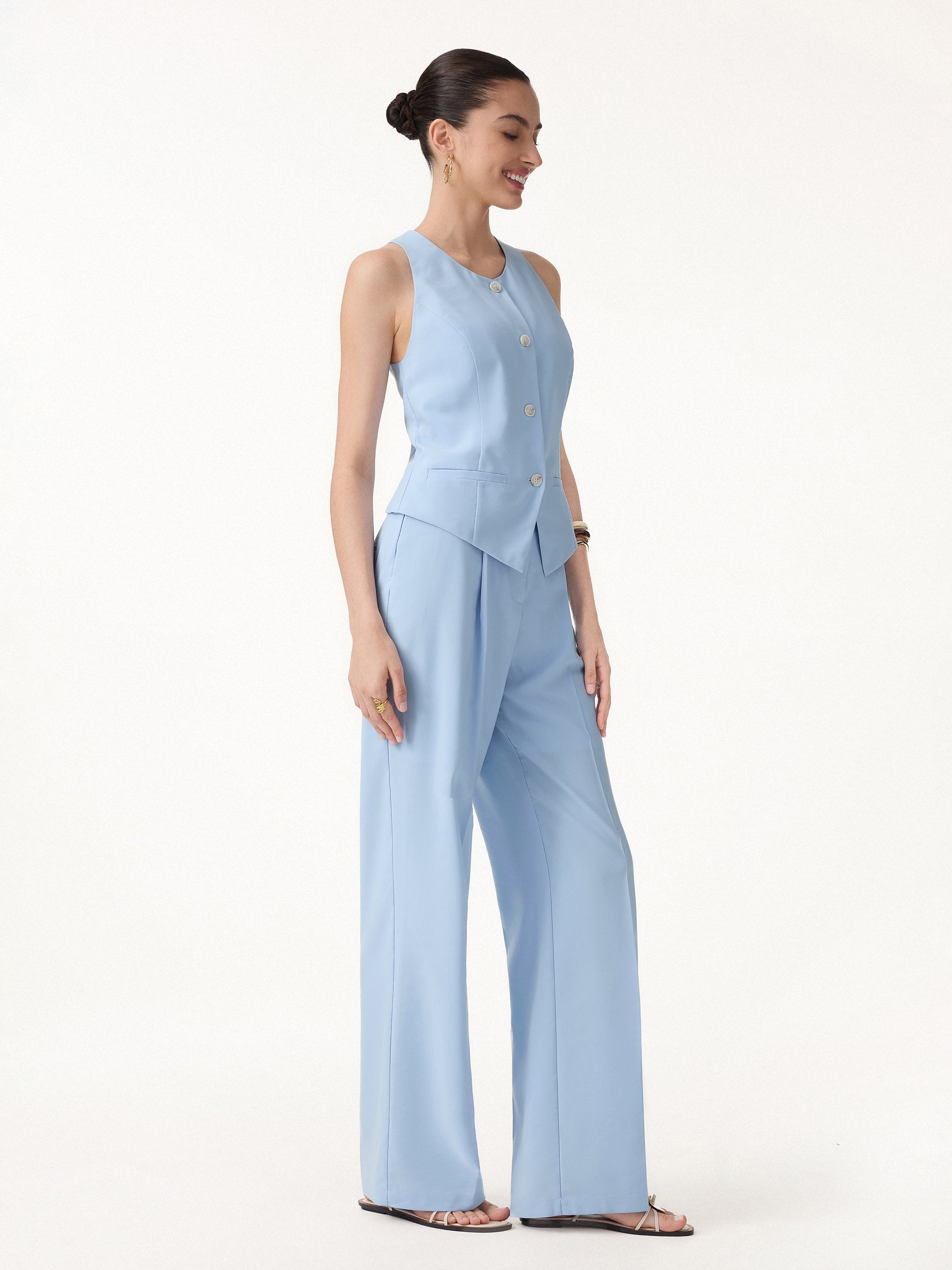 2Pcs Set Waistcoat Pockets & Wide Leg Pant