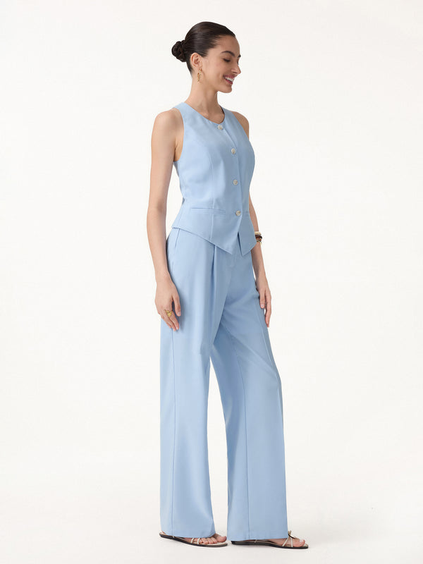 OGLmove 2Pcs Set Waistcoat with Pockets & Wide Leg Pant Arctic Blue XS