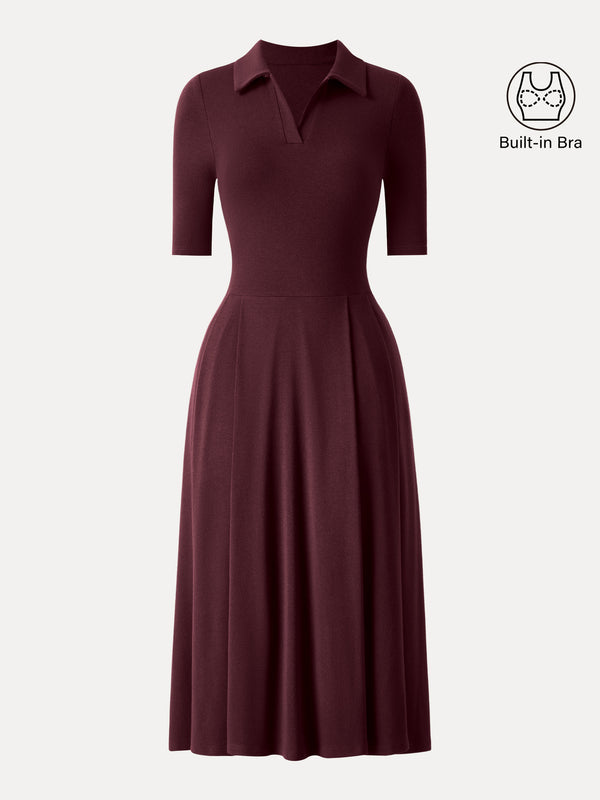 Polo Neck Elbow Length Sleeve Midi Brami Dress with Pockets