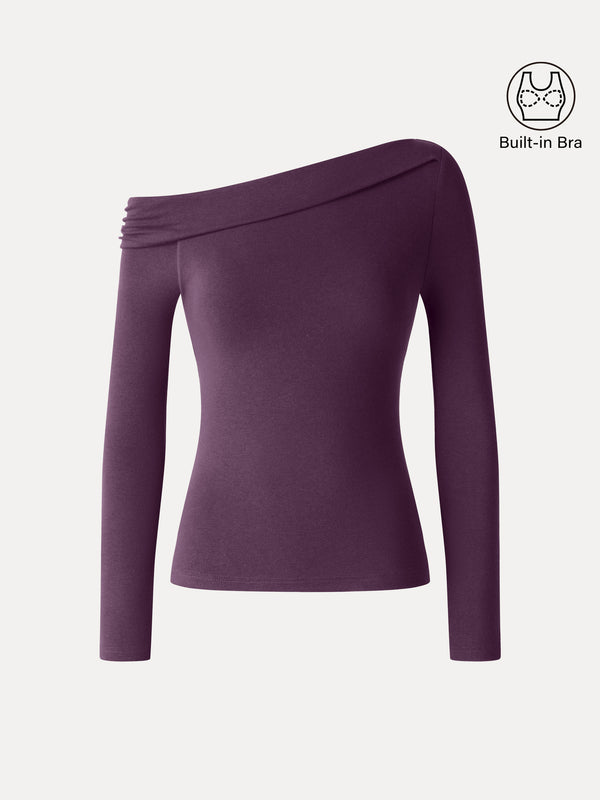 OGLmove LiteWarm Asymmetrical Neck Long Sleeve Built-In Bra Top 2.0 Deep Fig XXS