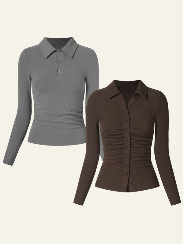 Eco-Mousse® Side Ruched Button Up Polo Shirt & Cozy Brushed Rib Fitted Button-Front Shirt 2Pcs Set