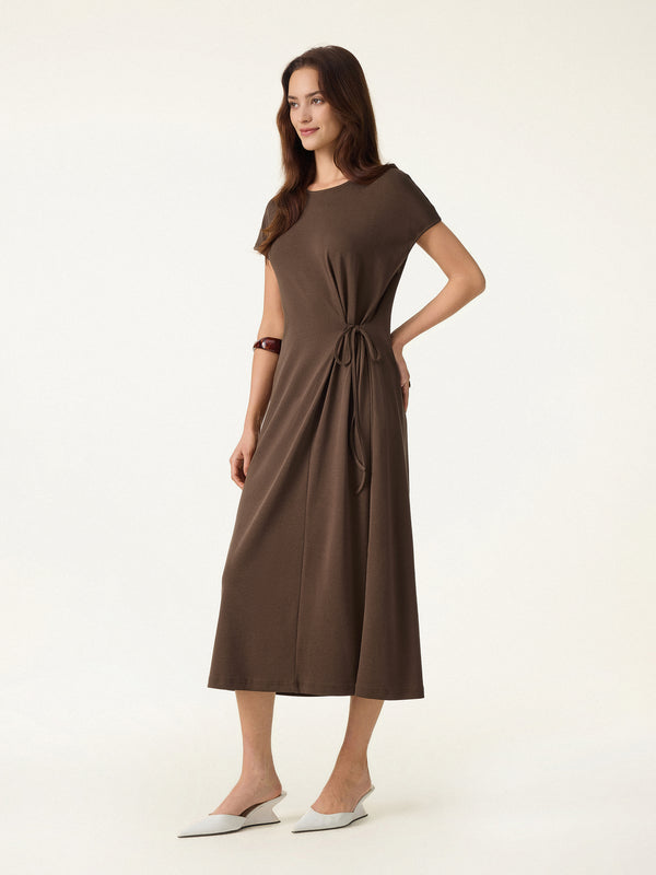 OGLmove Cotton Lyocell Easy Airy Midi Dress with Self-Tie