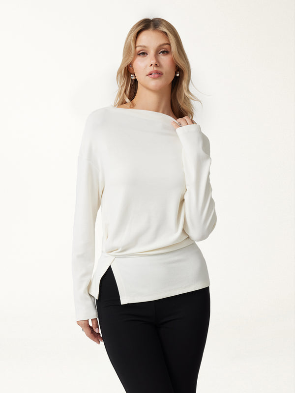 OGLmove LiteWarm Convertible Cowl Neck Long Sleeve Shoulder-Tuck Top Off White XXS