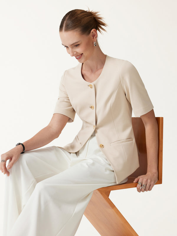 OGLmove Ponte Office Round Neck Elbow Sleeve Jacket with Pockets Fog Beige XXS