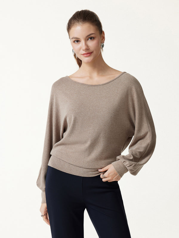 OGLmove LiteWarm Boatneck Lantern Sleeve Banded Hem Top Heather Dove XXS