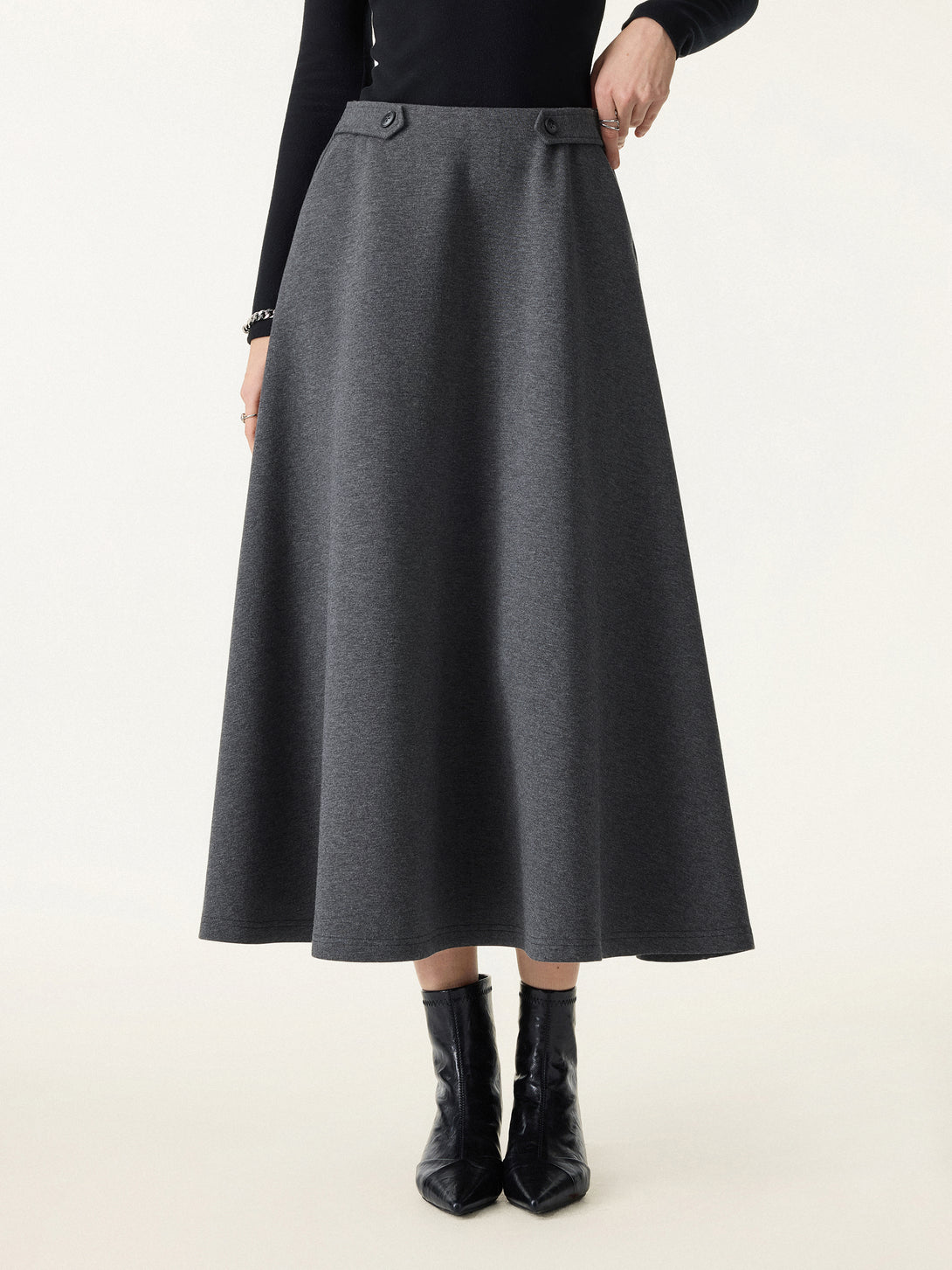 Cozy Warm Tailored Midi Circle Skirt with Pockets Heather Black XS