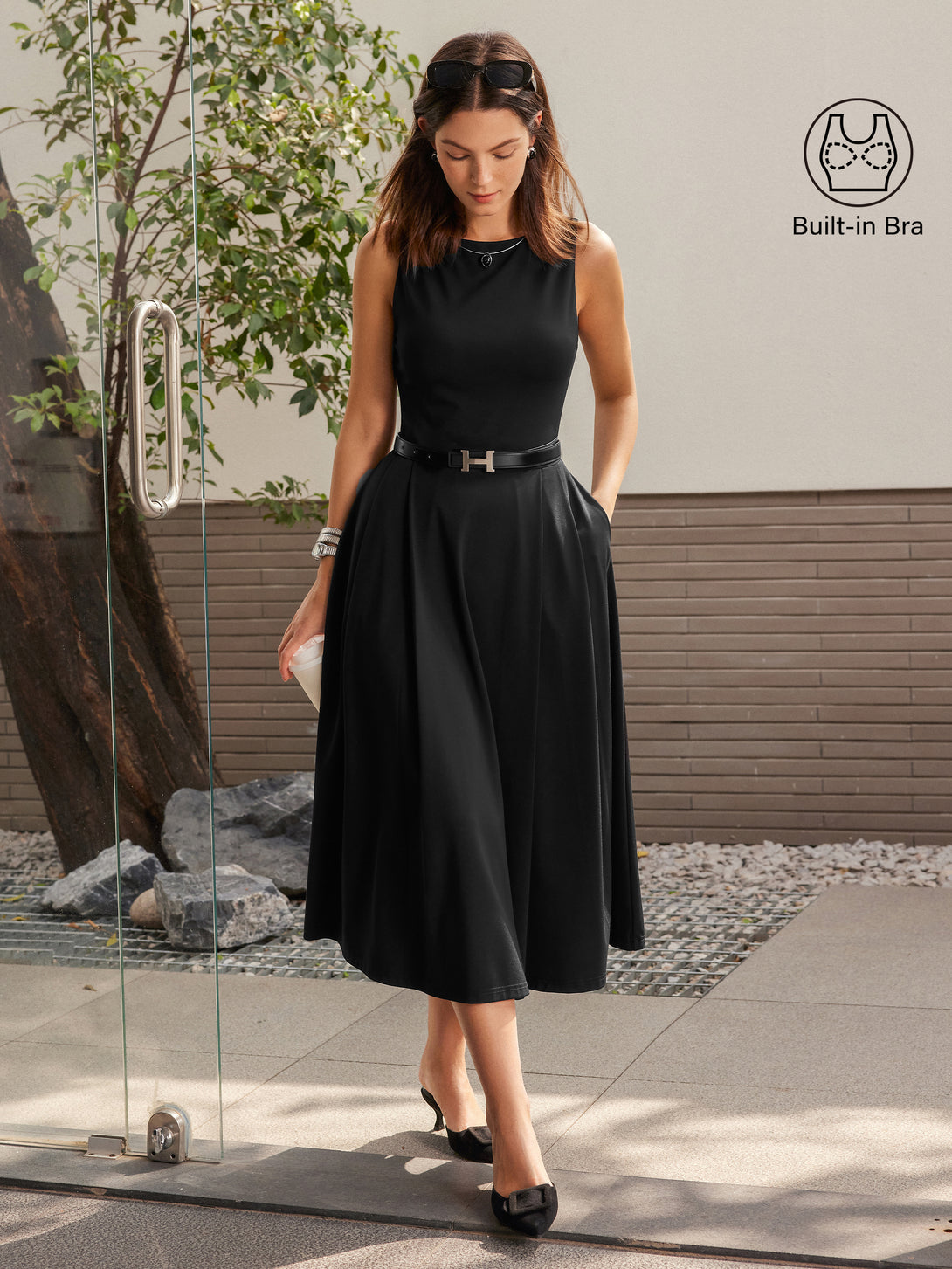 Boatneck Bamboo Ponte Brami Midi Dress with Pockets Black XS