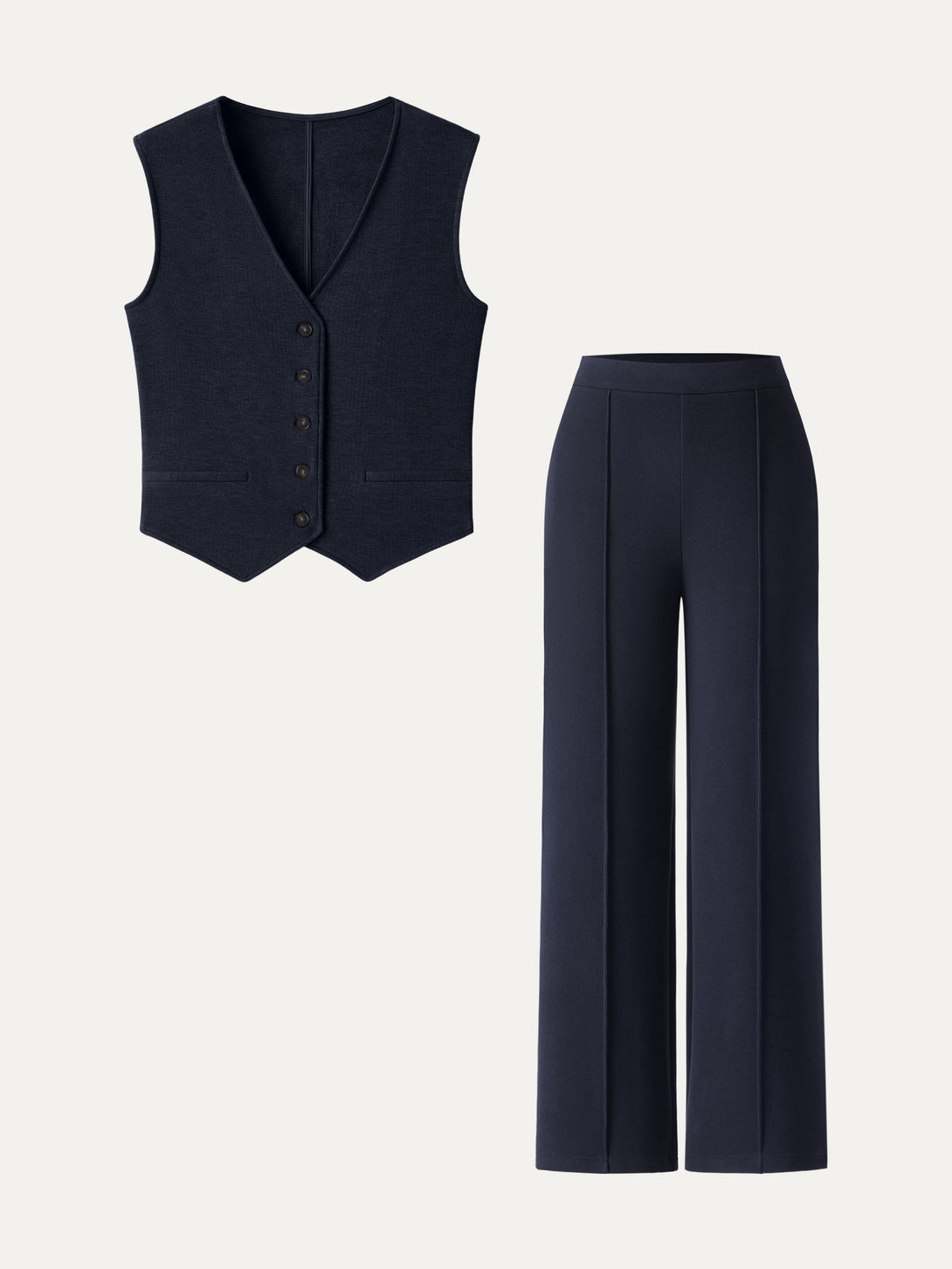 2Pcs Set Brushed Warm V-neck Vest & Regular High Rise Pintuck Straight Pull-on Pants Universe Navy XS