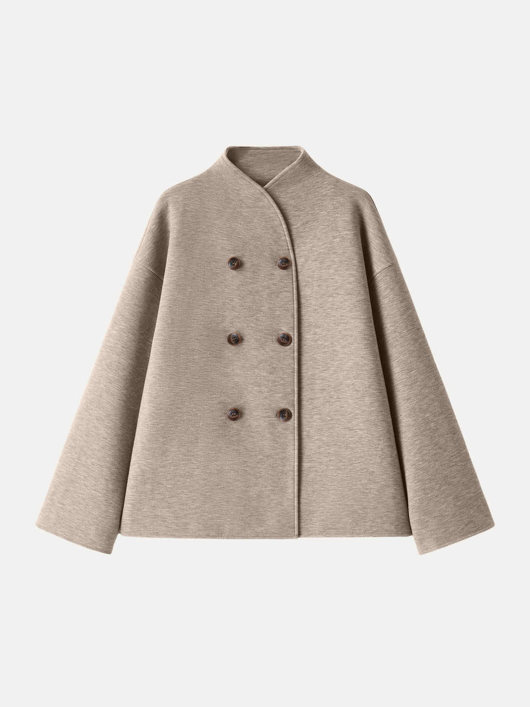 Stand Collar Double-Breasted Knit Jacket with Pockets Heather Taupe XS