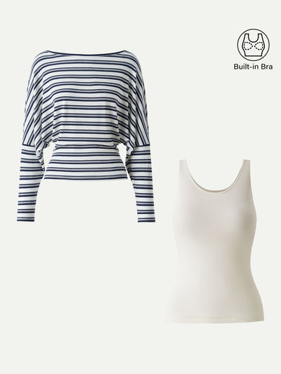 2Pcs Set U-Neck Brami Tank & Striped Boatneck Batwing Sleeves Top White/Squid Ink Stripe/Ivory XS