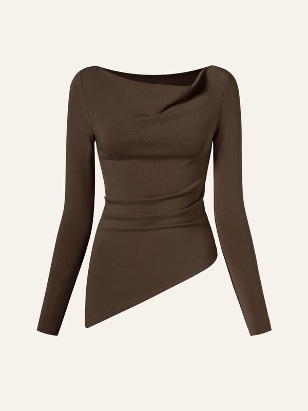 Cowl Neck Side Ruched Asymmetrical Top