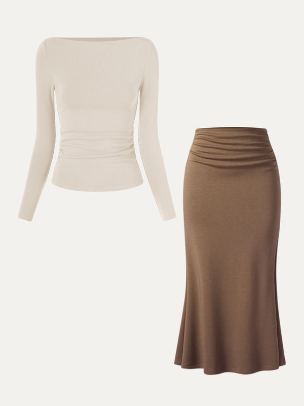 2Pcs Set Side Ruched Boatneck Brami & Mermaid Maxi Skirt