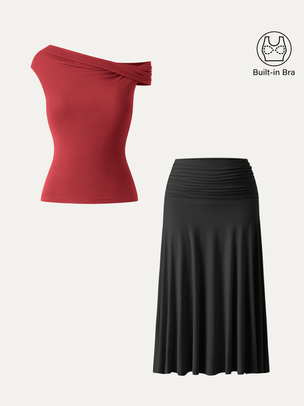 2Pcs Set Multi-wear Versatile Necklines Brami Top & Flowy Side Ruched A-line Midi Skirt Red/Black XS
