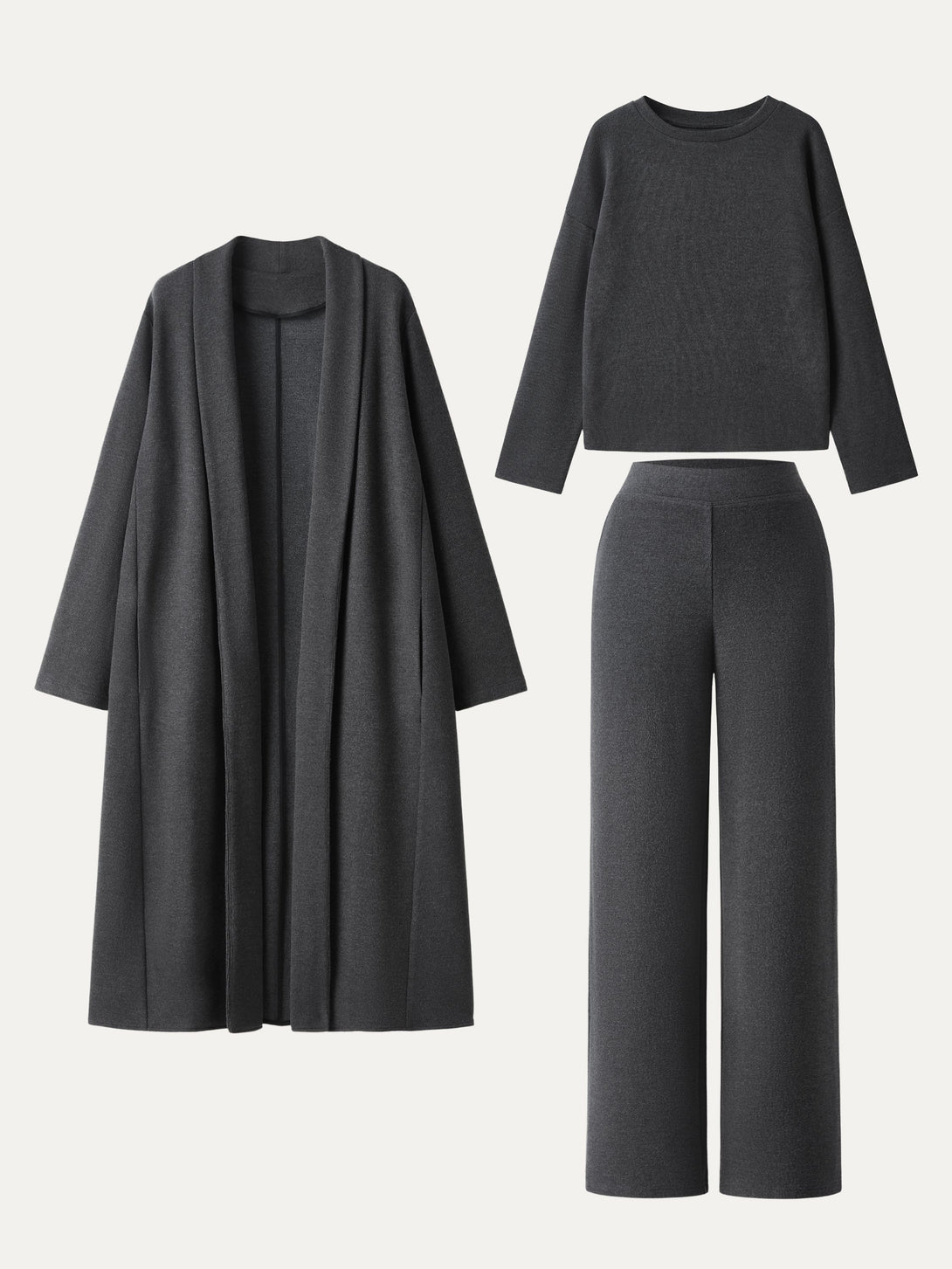 3Pcs Set Shawl Collar Cardigan & Crew Neck Top & Mid Rise Straight Leg Pants